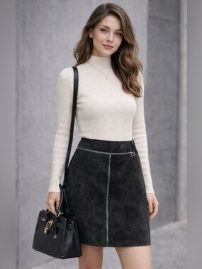 Vintage Margaret Godfrey Black Suede Leather Wrap Midi Skirt Women’s Size 10 90s